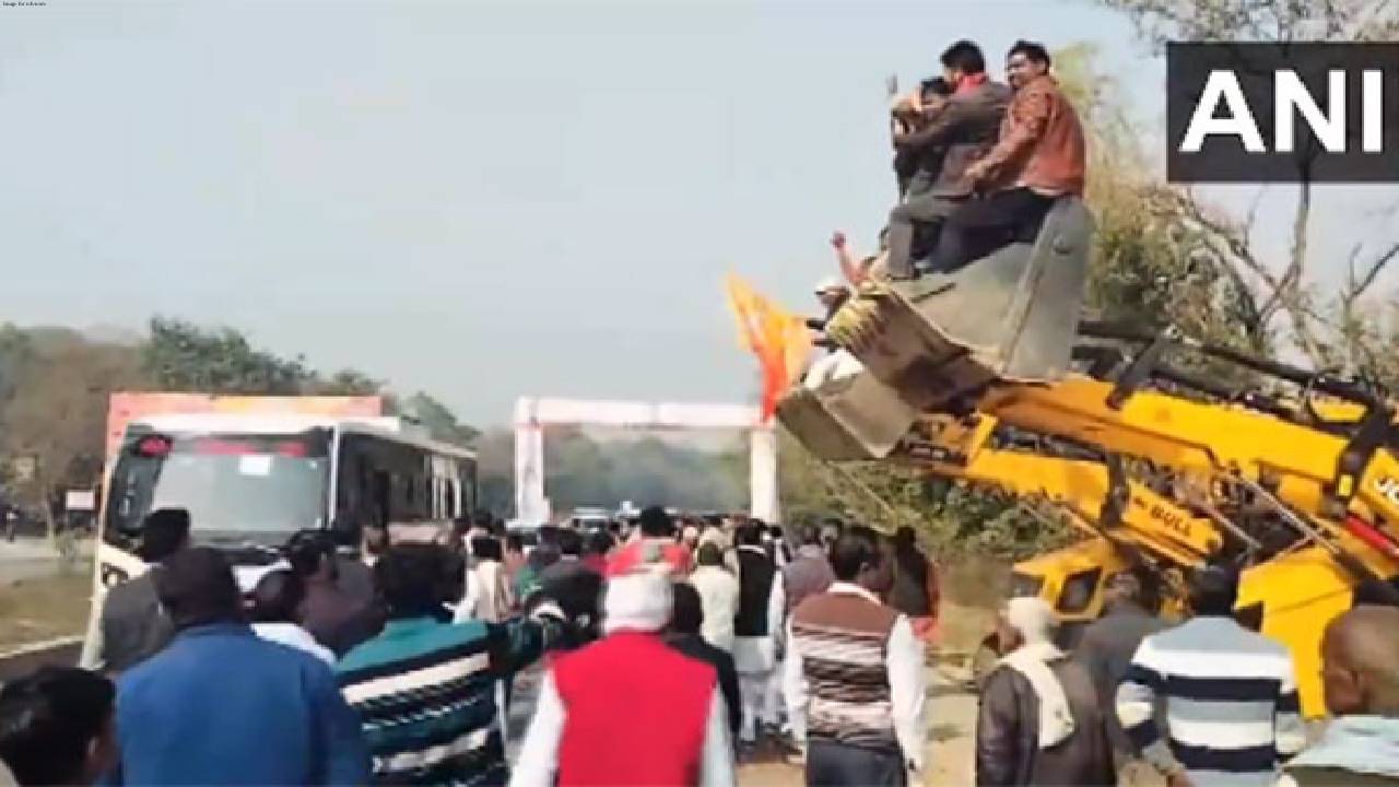 UP: Bulldozers line up to shower petals on buses carrying MLAs visiting Ayodhya's Ram Mandir